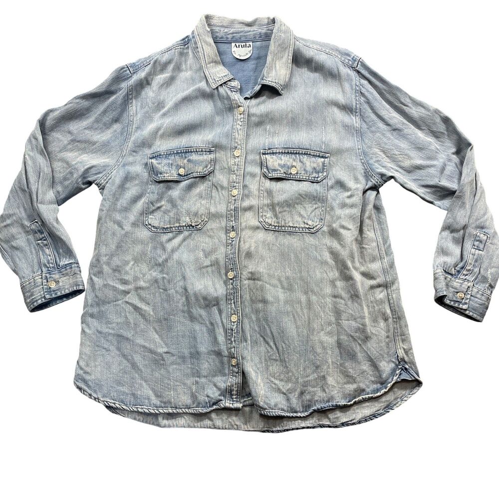 Arula OX 10/12‎ W Denim Shirt Long Sleeve Button Up Destructed 100% Tencil